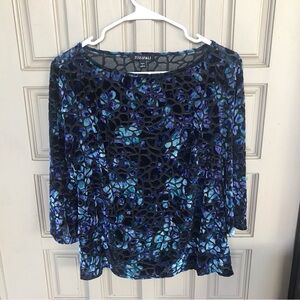 Roz & Ali Pretty Blue/Black Floral Top Velour Textured SzL Petite Lt Weight